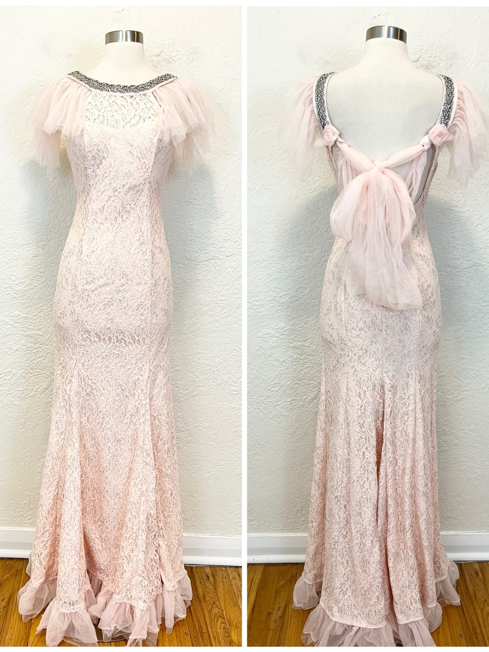 Vintage Blush Pink Lace Mermaid Fairy Dress Rhinestones Backless Tulle Ruffle 5